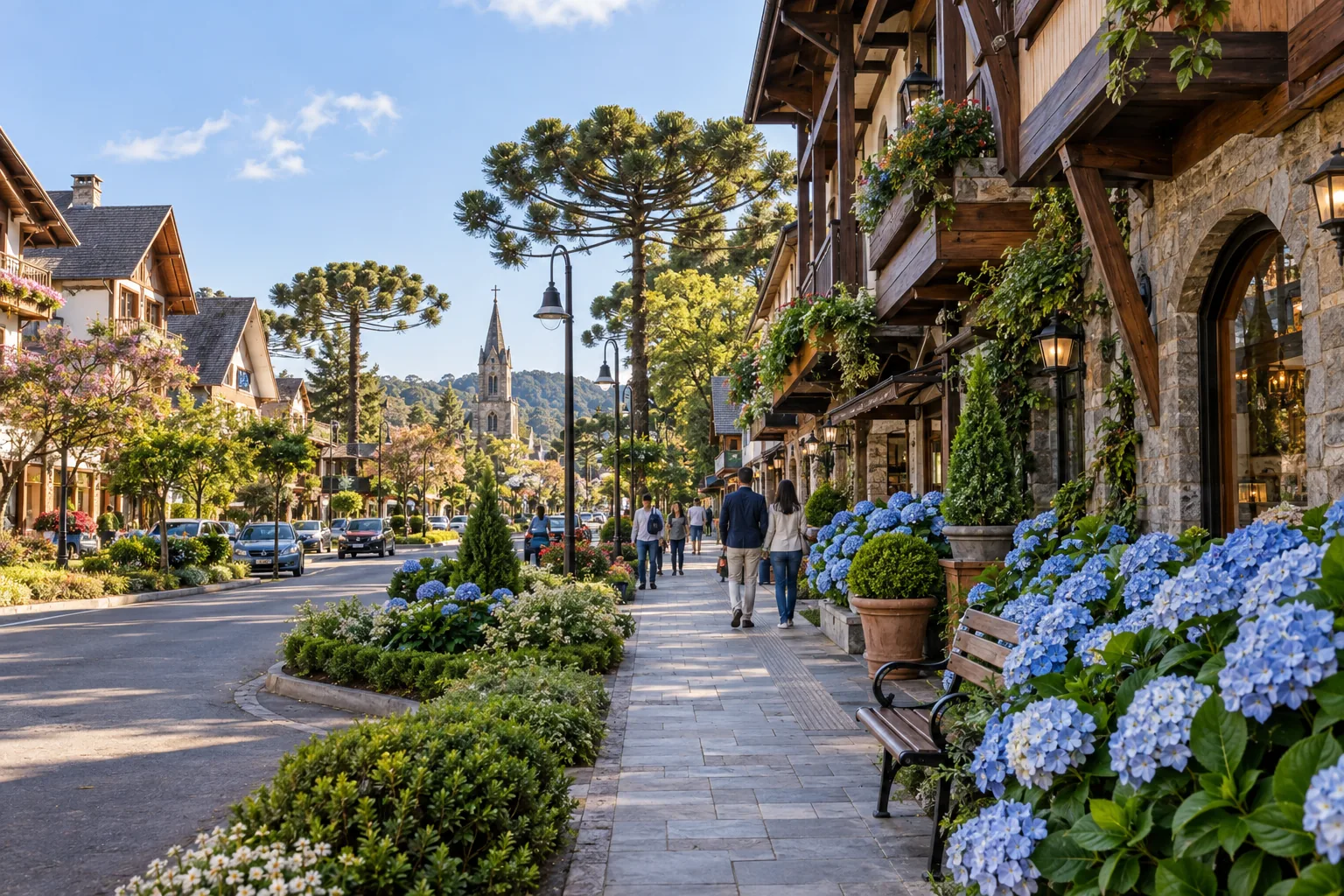 Rua arborizada e florida inspirada no centro de Gramado