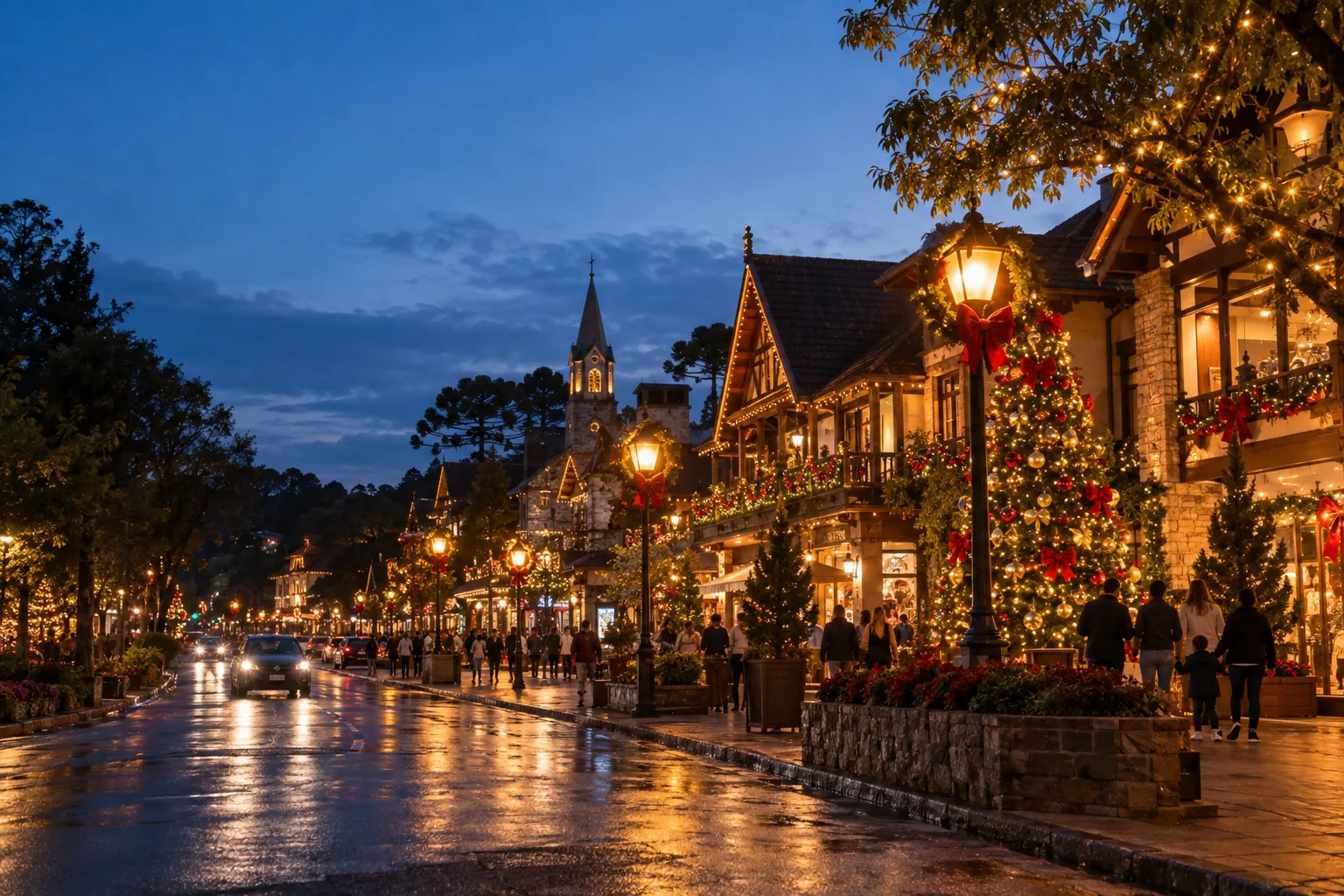 Gramado iluminada e decorada para o período de Natal